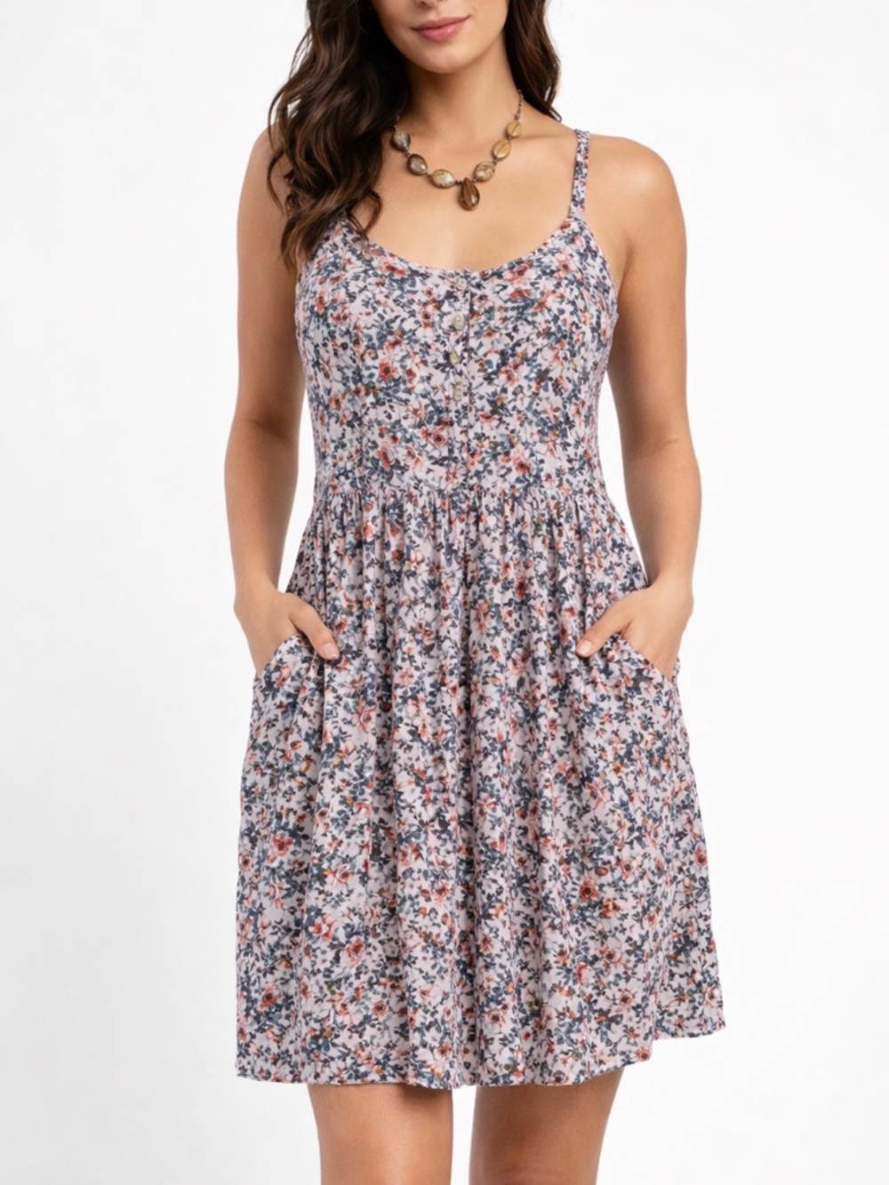 Altar'd State White Floral Mini Dress with Pink & Navy Accents